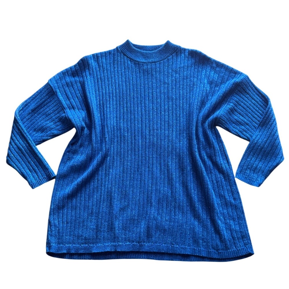 Mathias Vintage Royal Blue Metallic Ribbed‎ Knit Mock Neck Sweater Plus Size 3X